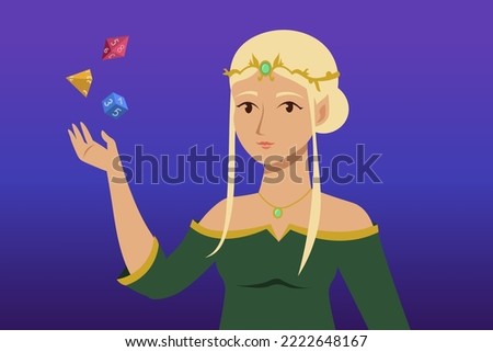 Elf girl with dice for playing dungeons and dragons. Tabletop role playing games   