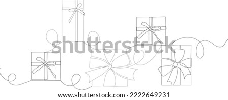gifts with a bow, outline drawing by one continuous line, isolated, vector