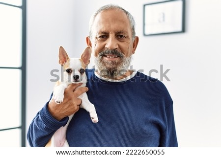 Senior grey-haired man smiling confident holding chihuahua at home