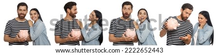 Collage with photos of people holding ceramic piggy banks on white background. Banner design