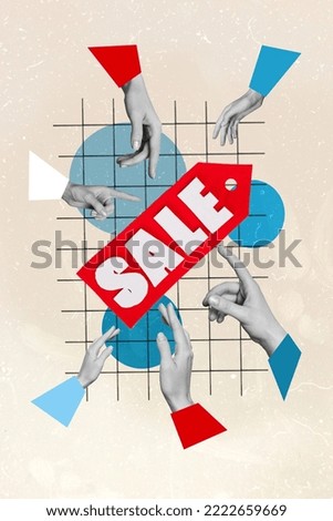 Vertical collage of people arms black white colors touch point finger sale ad banner isolated on drawing background