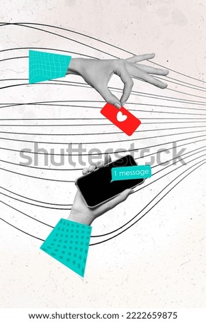 Vertical collage picture of two human arms black white effect hold telephone like notification message isolated on painted background