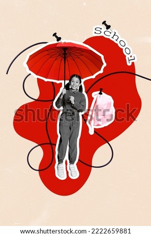 Vertical creative photo illustration collage of young schoolgirl hold red umbrella back to school isolated on pink color background