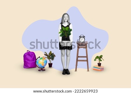 Creative photo illustration collage of optimistic excited happy smart schoolgirl hold flower on book isolated on pink color background