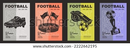 Template Sport Layout Design, soccer football. Football league tournament poster vector illustration. Cup, whistle, stadium, vector, boots, soccer football pitch background. Royalty-Free Stock Photo #2222662195