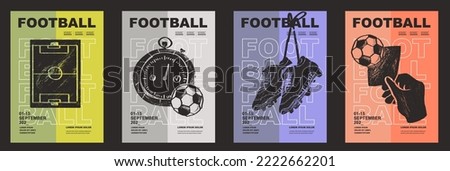 Template Sport Layout Design, soccer football. Football league tournament poster vector illustration. Tournament, football, world, boots, timer, soccer football pitch background. Royalty-Free Stock Photo #2222662201