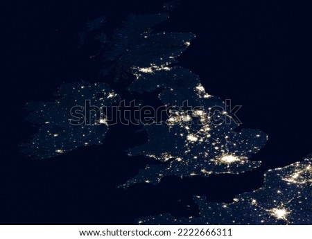 UK map in satellite picture, view of city lights on night Earth from space. United Kingdom, England, Ireland, London, Paris, Europe part in orbit photo. Elements of this image furnished by NASA.