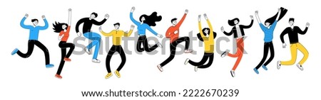 Happy people jump in the air. Celebration concept. Victory holiday, cheerful lifestyle. Vector flat line illustration