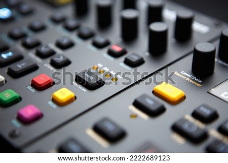 Synthesizer for electronic music production. Professional beat machine for composer. Download stock photo of modern digital synth device in sound recording studio. Compose new electronic music. 