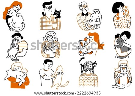 Cat lovers concept. Various people holding, hugging, kissing thier cat with love. Cute character illustration doodle style, outline, thin line art, hand drawn sketch design. 