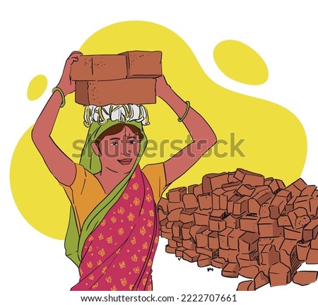 Smiling Indian Women carrying a house bricks on her head. She is working on a construction site. happy with work and supporting indian economy. Royalty-Free Stock Photo #2222707661