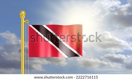 Trinidad and Tobago flag waving on wind in blue sky and  front of bright sun light.