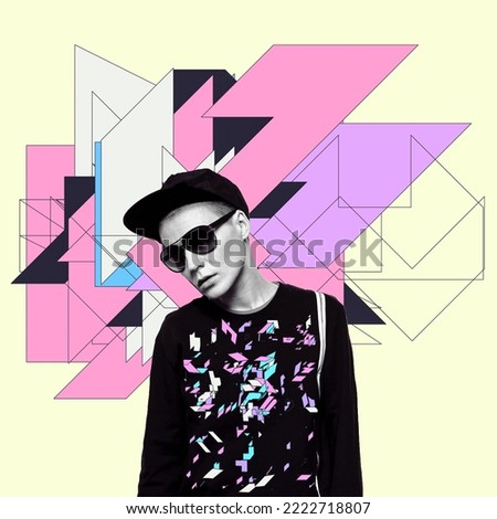 Contemporary digital collage art. Abstract geometry. Dj Party Girl. Clubbing concept