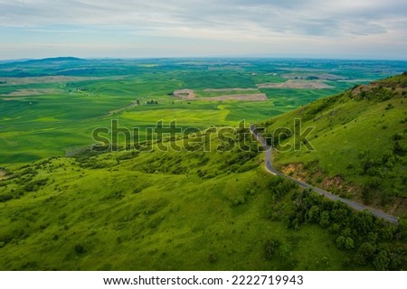 Amazing green hills. Road through plowed fields, an incredible drawing of the earth. Steptoe Butte State Park, Eastern Washington, in the northwest United States.
