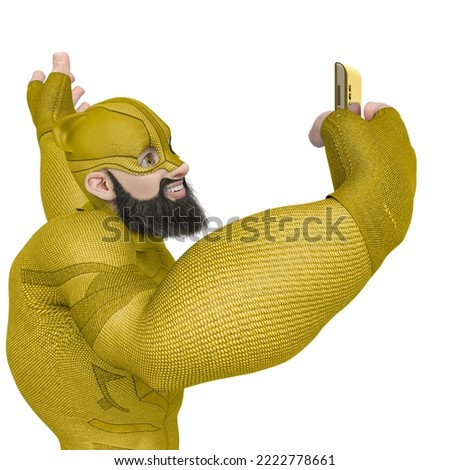 super hero cartoon with beard on suit is talking on the cellphone. This hiper guy in clipping path is very useful for graphic design creations, 3d illustration