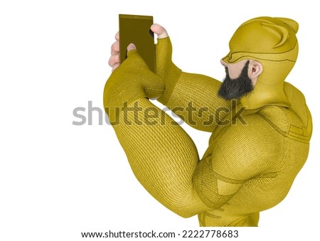 super hero cartoon with beard on suit is fiddling with the cellphone with a copy space. This hiper guy in clipping path is very useful for graphic design creations, 3d illustration