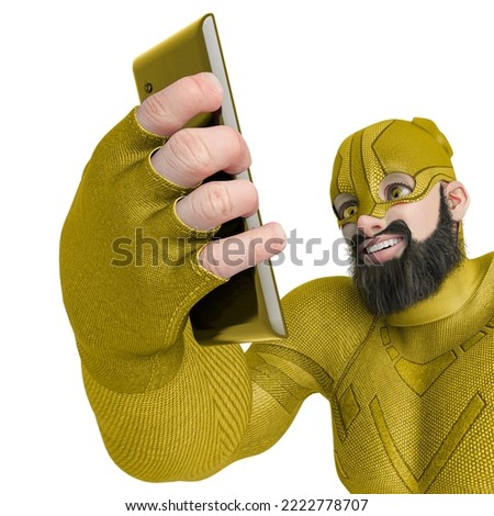 super hero cartoon with beard on suit is taking a good selfie with the cellphone. This hiper guy in clipping path is very useful for graphic design creations, 3d illustration