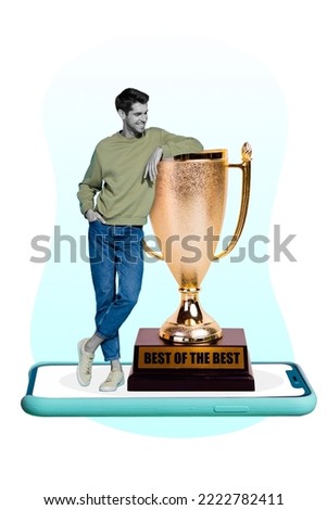 Creative template graphics image of happy smiling guy getting best of the best prize modern device screen isolated drawing background