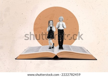 Creative 3d photo artwork graphics painting of happy smiling little children walking big open book isolated drawing background Royalty-Free Stock Photo #2222782459