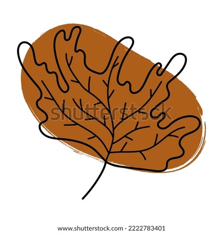 Hand drawn maple leaf with brush stroke. Black outline element on light brown spot. Vector illustration isolated on transparent background. Autumn clip art