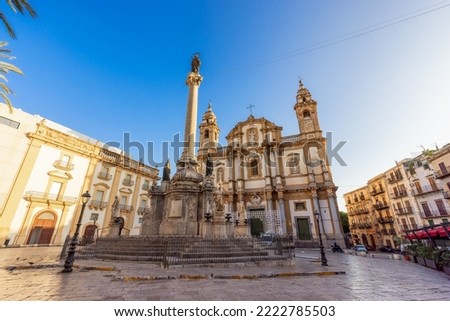 Historic Church Buildings in Downtown City of Palermo, Sicily, Italy. Sunny Sunrise Sky.