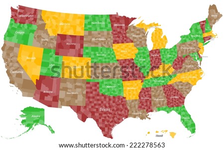 A large and detailed map of the United States of America with every county. Royalty-Free Stock Photo #222278563