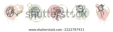 Linear sketches of rose flowers and buds with abstract spots, splashes of paint and golden frames. Vector graphics.