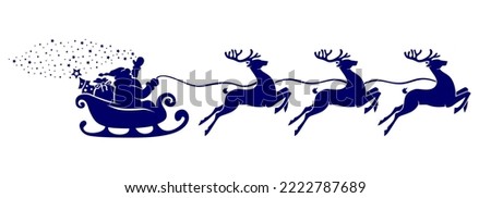 Silhouette of Santa Claus riding in a sleigh with a Christmas tree and gifts pulled by reindeer. Vector on transparent background Royalty-Free Stock Photo #2222787689