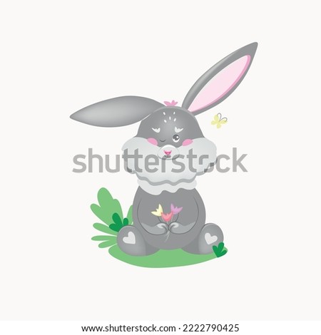 Cute bunnies rabbit with a bouquet of flowers on white background. Hand drawn vector illustration