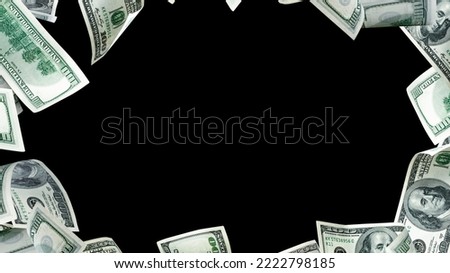 Dollar bill. Washington American cash. Usd money black background. Money falling