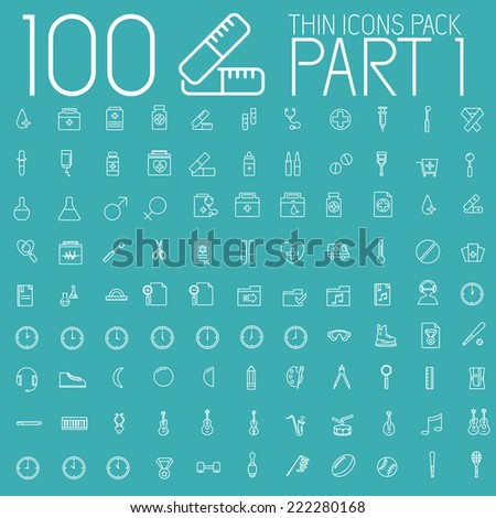 part 1 of set 100 thin line icons pictogram. For web and mobile. Medical, business, ofiice, sport, education, music, whether themes. Vector illustration design