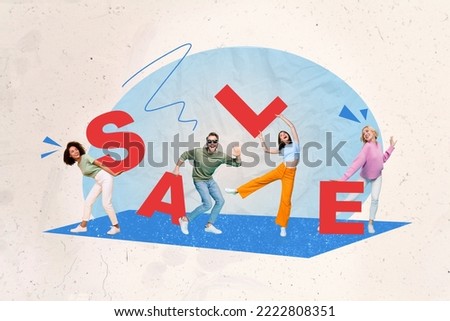 Image sketch collage voucher for fashion boutique big sale many people feeling excited dancing on drawing background