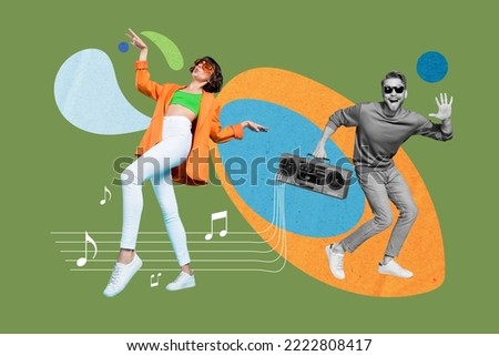 Creative abstract template graphics image of happy smiling lady guy having fun together listening boom box isolated drawing background