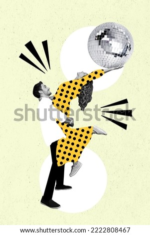 Photo cartoon comics sketch picture of charming lady guy dancing together having fun holding big disco ball isolated drawing background