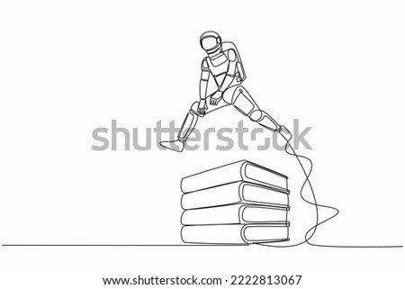 Single continuous line drawing astronaut jump over pile of binders. Spaceship expedition paperwork document. Information classification. Cosmonaut deep space. One line draw design vector illustration