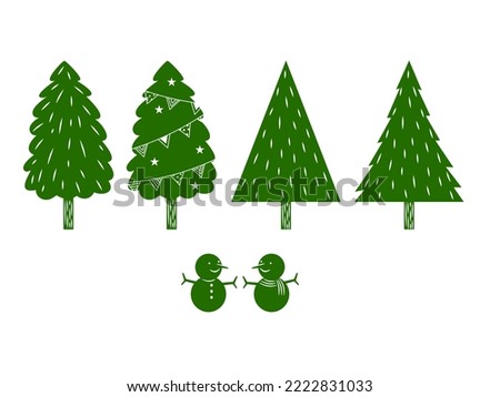 Set of christmas trees with snow mans in flat vector.