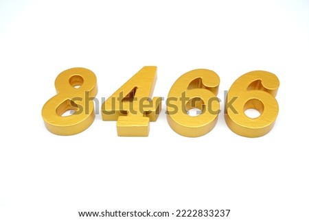    Number 8466 is made of gold-painted teak, 1 centimeter thick, placed on a white background to visualize it in 3D.                               
