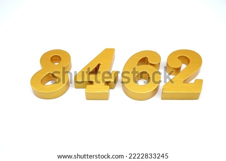    Number 8462 is made of gold-painted teak, 1 centimeter thick, placed on a white background to visualize it in 3D.                                