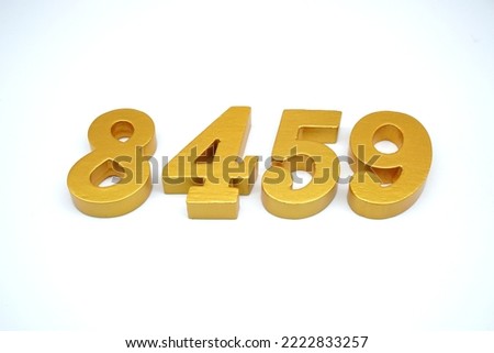   Number 8459 is made of gold-painted teak, 1 centimeter thick, placed on a white background to visualize it in 3D.                               
