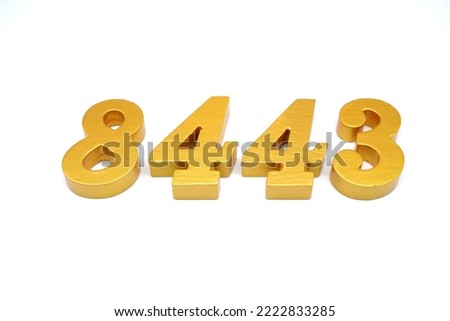  Number 8443 is made of gold-painted teak, 1 centimeter thick, placed on a white background to visualize it in 3D.                                  