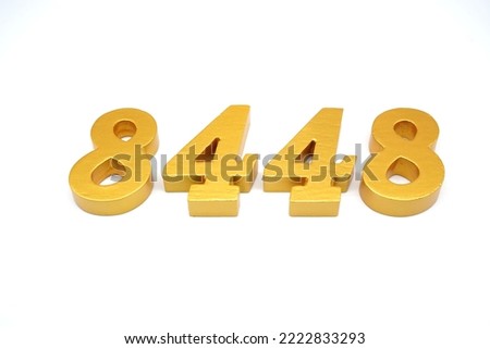   Number 8448 is made of gold-painted teak, 1 centimeter thick, placed on a white background to visualize it in 3D.                                 