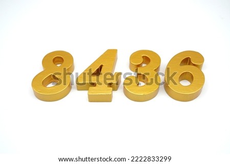  Number 8436 is made of gold-painted teak, 1 centimeter thick, placed on a white background to visualize it in 3D.                                