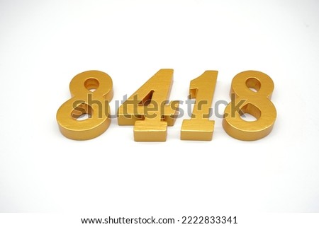  Number 8418 is made of gold-painted teak, 1 centimeter thick, placed on a white background to visualize it in 3D.                                    
