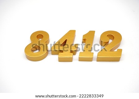  Number 8412 is made of gold-painted teak, 1 centimeter thick, placed on a white background to visualize it in 3D.                                    