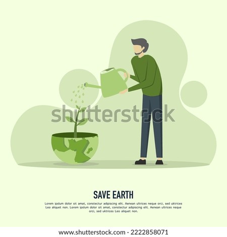Save Planet Concept Vector Illustration. man watering plants with earth shaped container. Earth Day. International Mother Earth Day. Flat Modern Design for Web Pages, Banners, Presentations, etc.