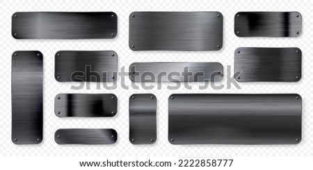 Realistic black metal banners collection. Brushed steel or aluminium plate, panel with screws. Polished metal surface. Old grunge texture with scratches. Vector illustration Royalty-Free Stock Photo #2222858777