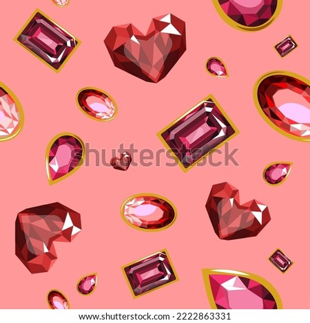 Gems and precious stones, brilliants and emeralds, diamonds set. Expensive jewelry and richness, wealthiness and wealth. Seamless pattern, background or print wallpaper. Vector in flat style Royalty-Free Stock Photo #2222863331