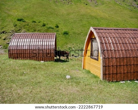 Cabins in the wild Juta Valley. Kazbegi region, Georgia. High quality photo