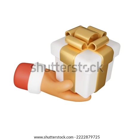 3d Christmas gift icon. Santa Claus hand holding present box. Vector render illustration isolated on white background