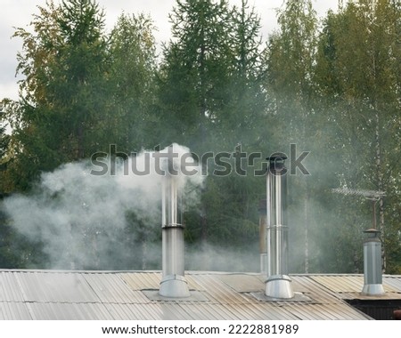 against the background of the forest, white steam comes out of the boiler room pipe, smoke into the sky, year-round heating, stainless steel pipe in the new heating system.